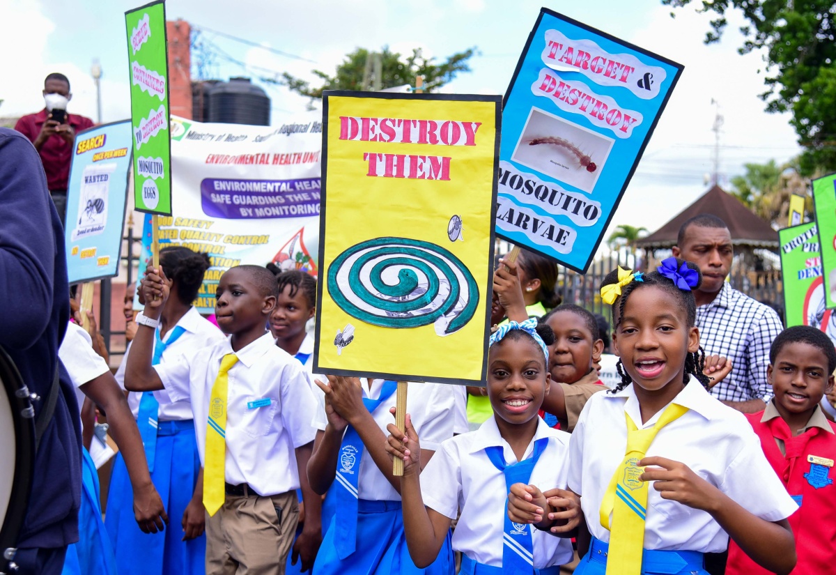 Mandeville Primary School students participating in a dengue awareness activity in Mandeville